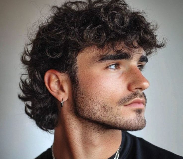 Curly Mullet with Mustache for Men
