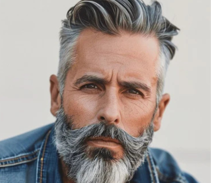 Textured Grey Quiff With Sculpted Beard